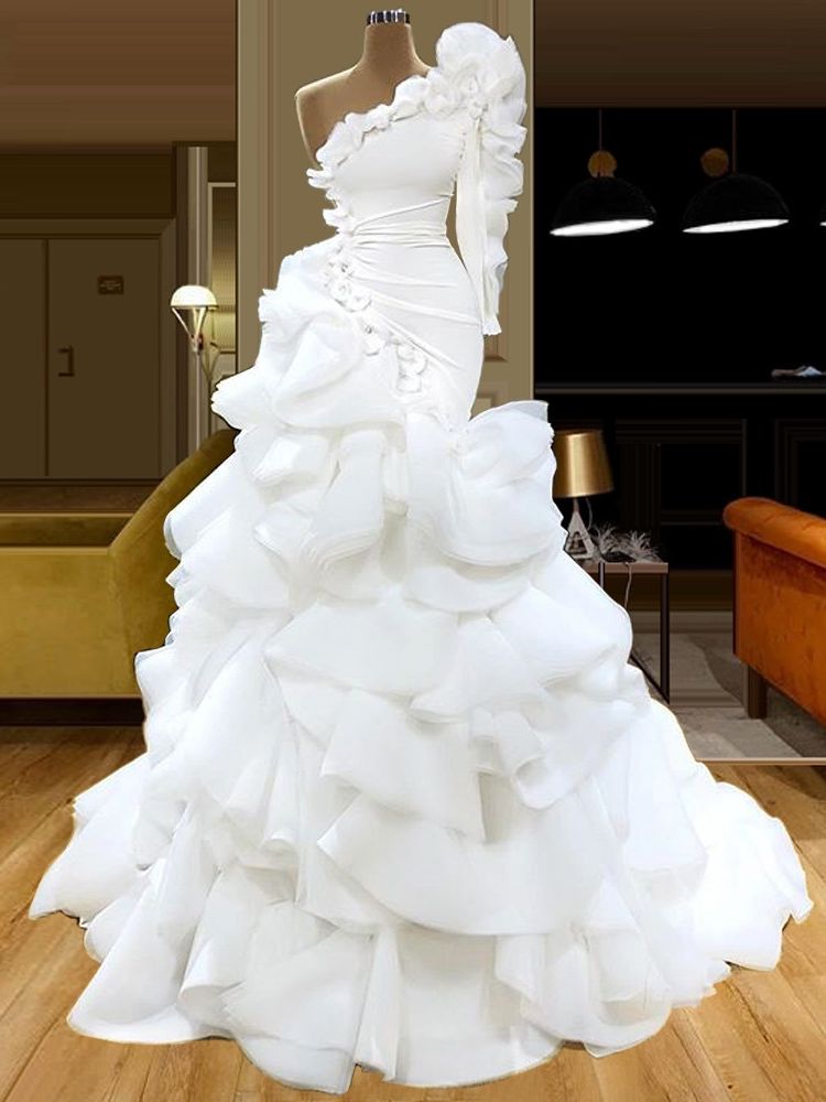 Elegant White Wedding Gowns One Shoulder Tiered Ruffles Floor Length Custom Made Bridal Dresses Plus Size