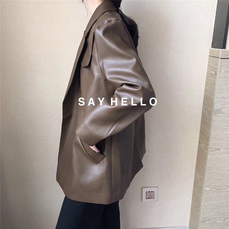 Nerazzurri Loose pu faux leather blazer women fall with belt long sleeve Black oversized leather jacket women 5xl 6xl 7xl 201020