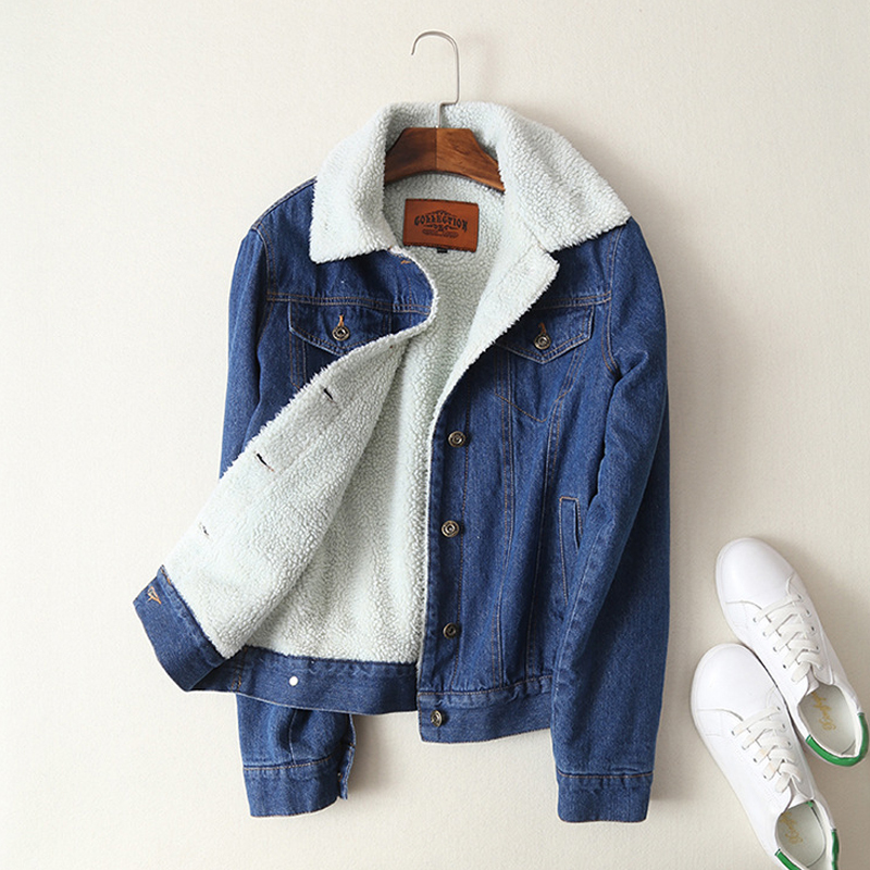 Spring Autumn Winter New Women lambswool jean Coat With 4 Pockets Long Sleeves Warm Jeans Coat Outwear Wide Denim Jacket 201023