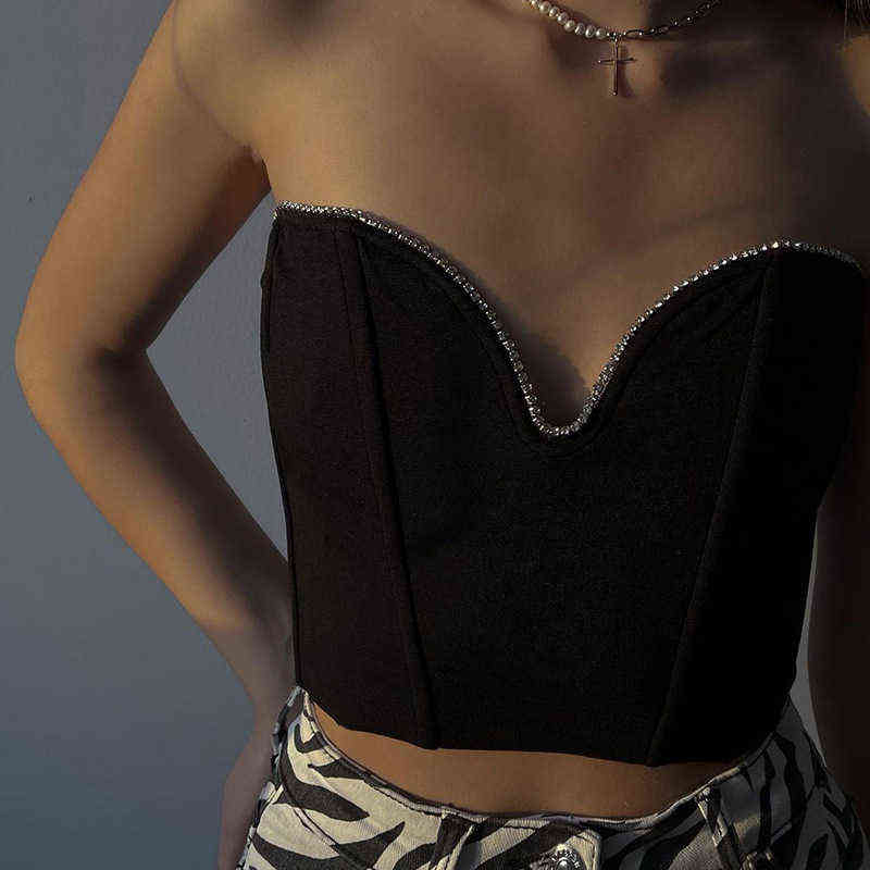 Women Strapless Corset Tube Top Summer Rhinestone Deep V Neck Off Shoulder Camis Vest Female Basic Crop Top Black Party Yuqung Y220308