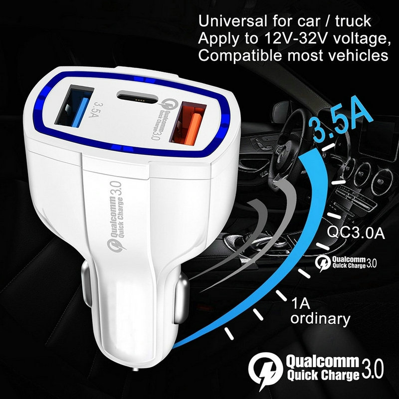 3-Ports LED USB C Car Chargers Fast Charging Type-C QC3.0 PD 7A Charger Adapter for iphone 11 12 13 14 15 16 pro max Samsung With Retail Box Package