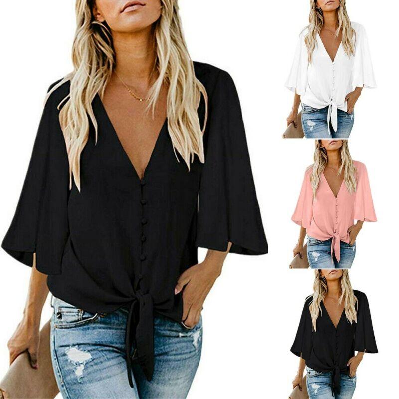Summer Women Soild V Neck Elegant Blouse Women Flare Sleeve Bandaged Tops Tops Blouses Shirt, Black 
Summer Women Soild V Neck Elegant Blouse Women Flare Sleeve Bandaged Tops Tops Blouses Shirt, Black