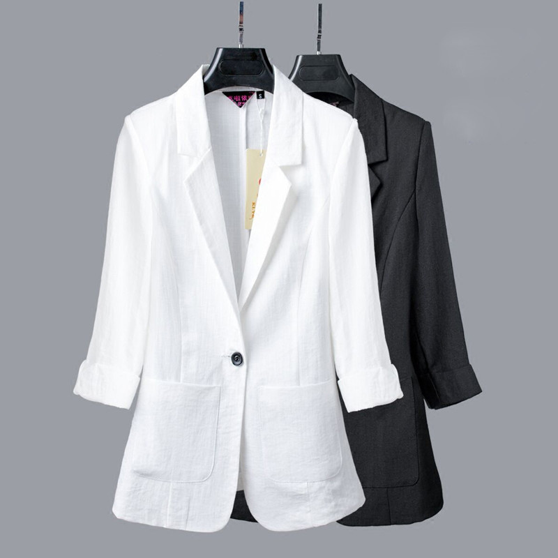 Aelegantmis Slim Fit Casual Work Office Business Blazers Women Fashion 3/4 Sleeve Summer Jacket Linen Cotton Blazers White 201201