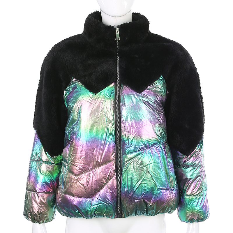 Fashion Holographic Winter Coat Women Warm Parka Faux Fur Patchwork Womens Down Jacket Outwear Zipper Coats Overcoat T200116
