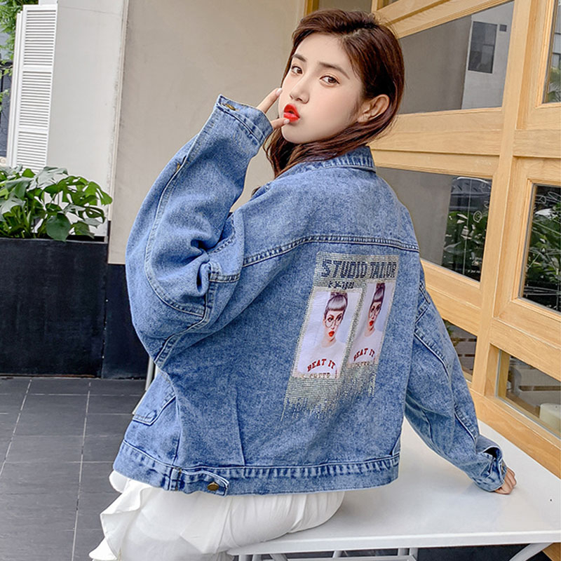 Streetwear Style Women's Denim Jacket Print Long Sleeve Jean Jacket Loose Bomber Coat Ladys Spring Autumn Hole Female Outwear 201017