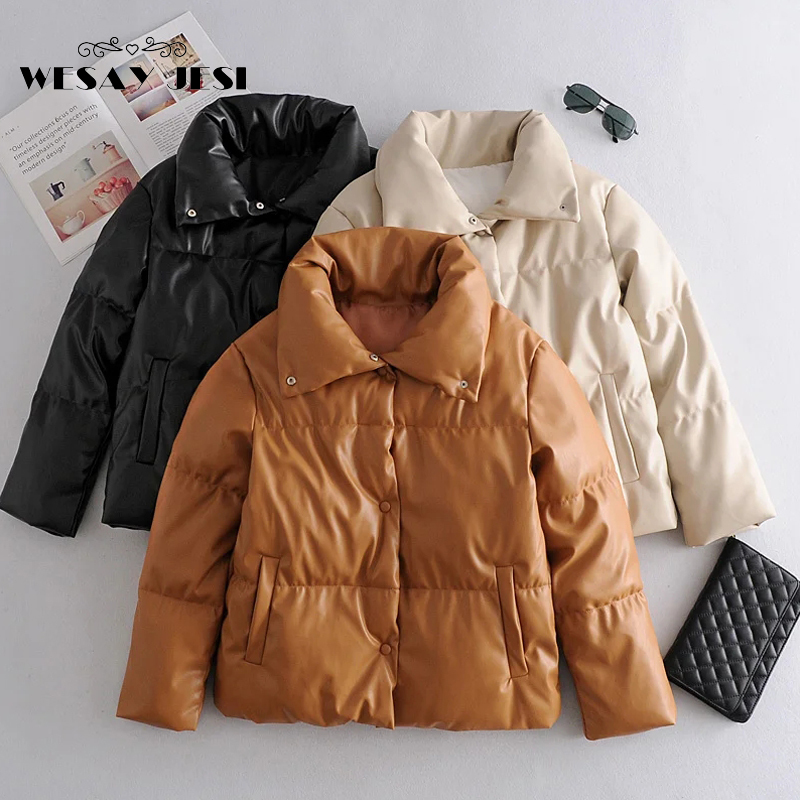 Women PU Leather Parkas Fashion High Street Solid Faxu Leather Coats Elegant Winter Thick Cotton Jackets Loose Outerwear 201019