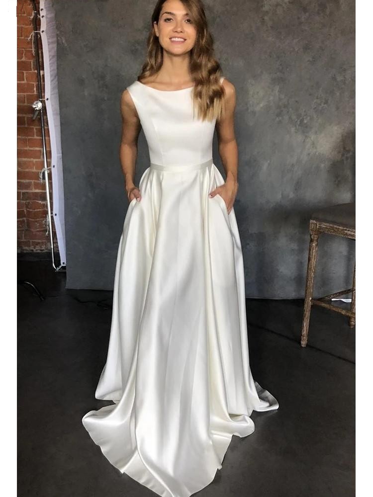 Simple New Satin A Line Wedding Dresses With Pocket Elegant Sleeveless O Neck Floor Length Bridal Gowns Bride Dress Cheap Customized 403 B0312