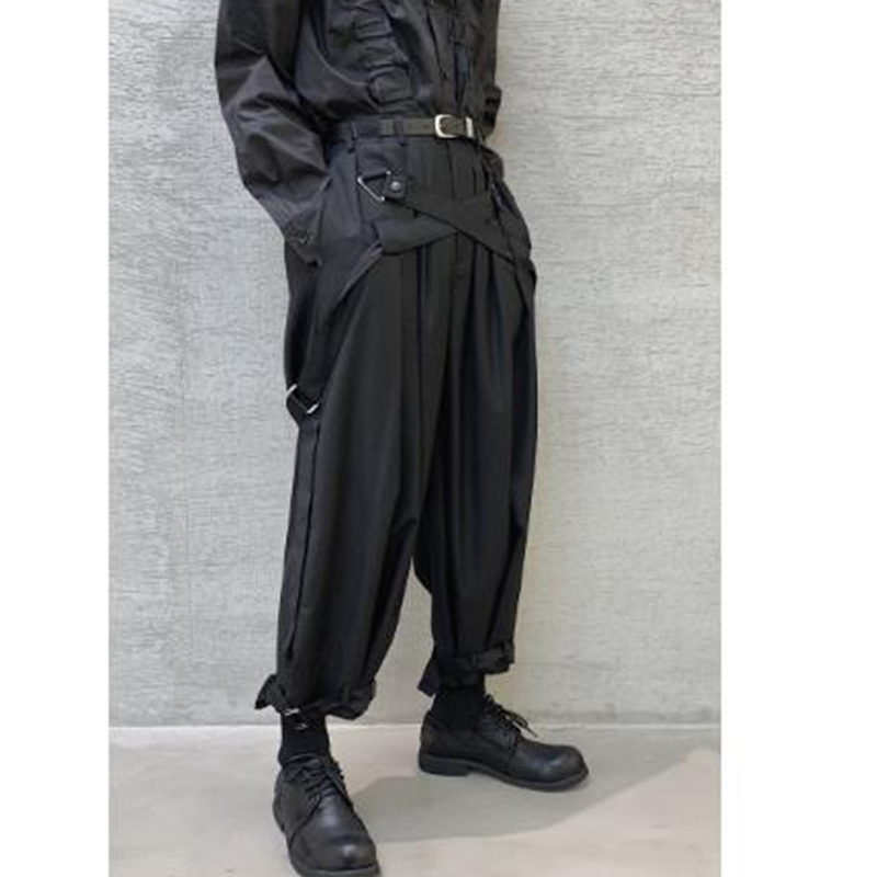 Men Japan Streetwear Punk Gothic Bandage Casual Harem Pant Male Vintage Hip Hop Wide Leg Trousers Stage Clothing Kimono Pant 201128
