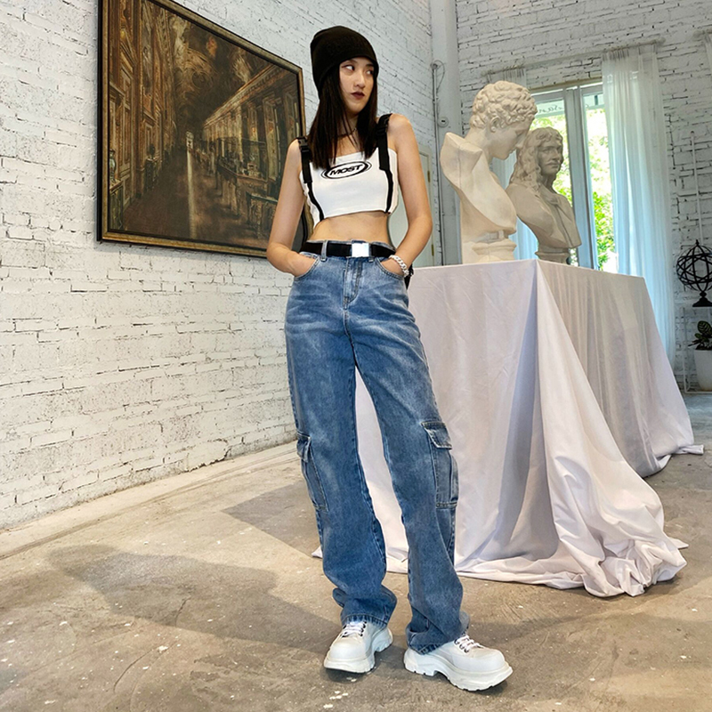 Pocket Patchwork High Waist Jeans Loose Straight Tube Mopping Thin Wide Leg Tooling Pants Women Tide 100% Cotton 201029