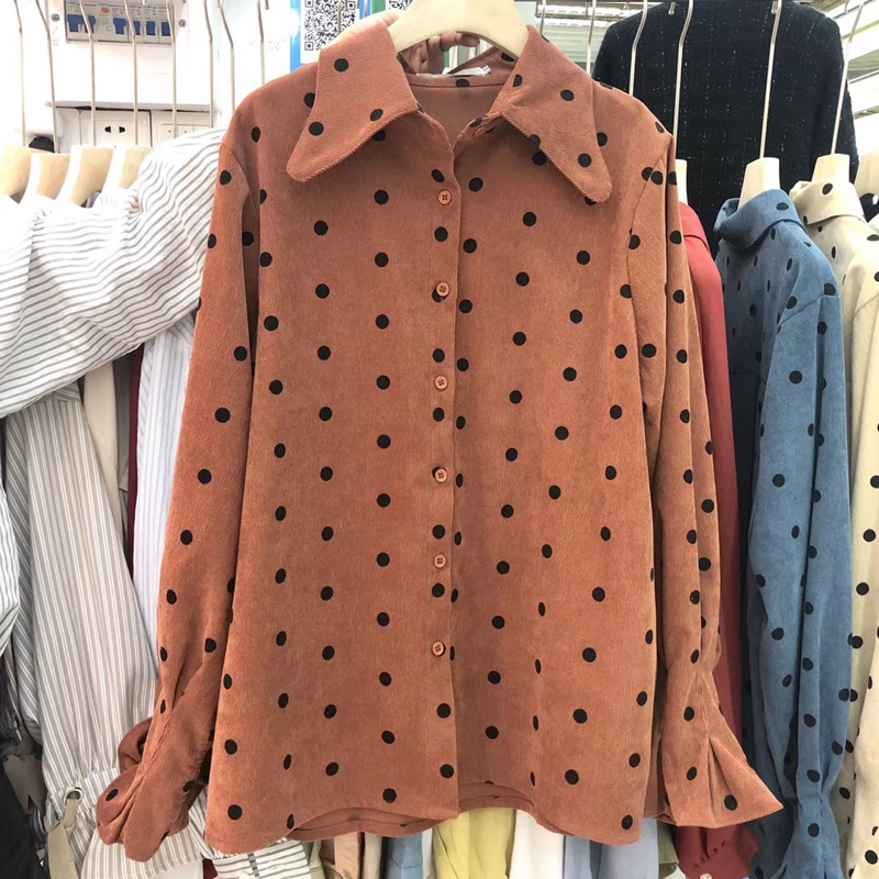 Korea Winter Jacket Women Autumn Lapel Loose SingleBreasted Corduroy Polka Dot Long Sleeve Shirt Female Blouse Coat 201017