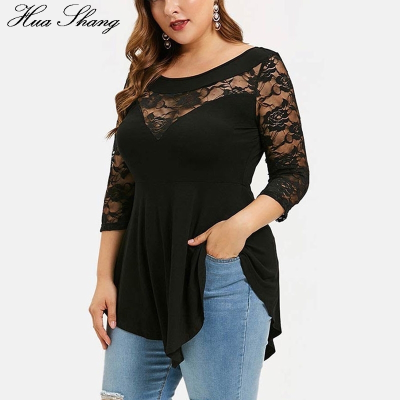 Plus Size 5XL Floral Lace Hollow Out Sexy Tunic Blouse Women Clothing Summer Big Size Tops Ladies Ruffles Irregular Blusas 201130