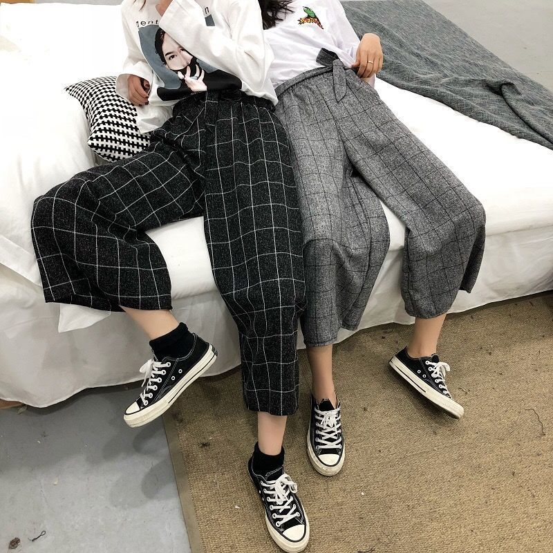 OCEANLOVE Harajuku Plaid Pants Women Vintage Lace Up Ankle-length High Waist Pants Autumn Winter Wide Leg Trousers 13026 201106