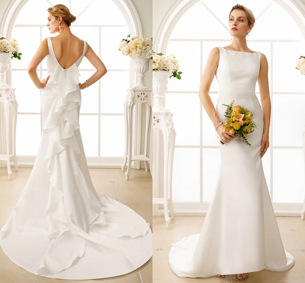 2022 Bridal Gown Trumpet Wedding Dress Bateau Neck Court Train Satin Straps Simple Backless with Cascading Ruffles Vestido De Noiva Robe De Mariage