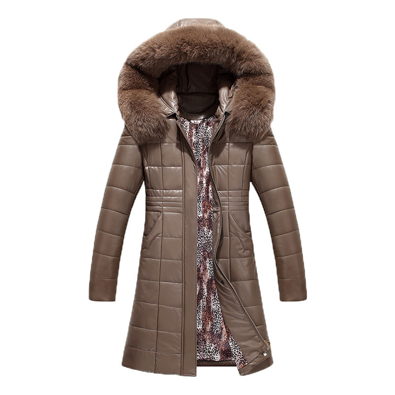 Plus Size Women Long Leather Overcoat Winter Mother Sheepskin Coat Thicken Warm Fur Hooded Jacket Outerwear Female 201020