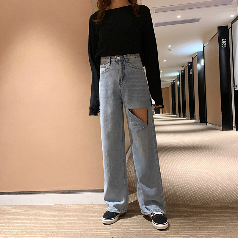 2021 New Ladies with torn broad legs distressed women's sexy jeans length button down pockets high waist thin vertical summer leisure YOVN, Blue