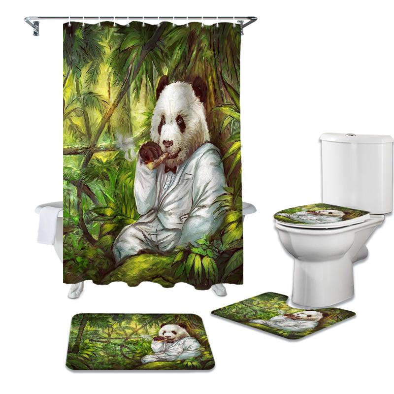 

Oil Painting Panda Forest Abstract Shower Curtains Set Bath Mat Set Toilet Cover Bathroom Accessories Bathroom Rug