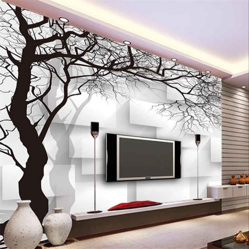 Custom Photo murals hand painted black and white 3d abstract tree box TV sofa background wallpapers Waterproof