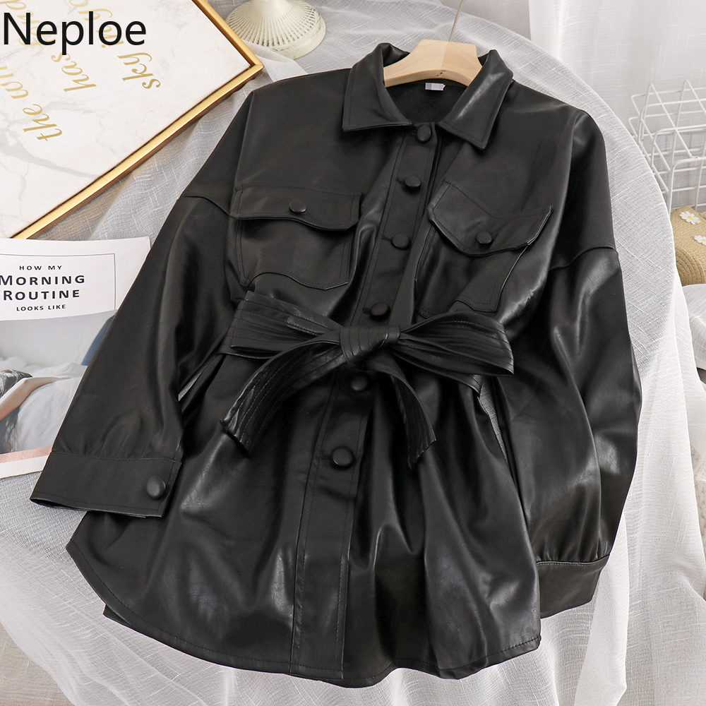 Neploe Autumn Women Long Leather Jacket Slim Bow Belt Motorcycle PU Leather Long Jacket Coat Leather Trench Coat 4e508 201029