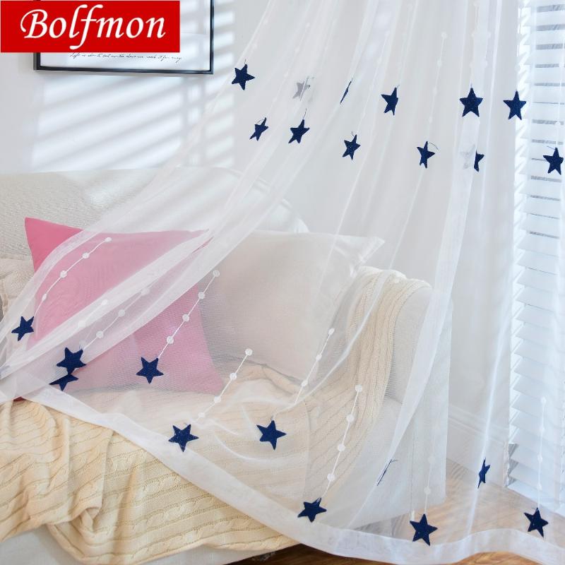 

Yellow/Navy Stars Embroidered Voile Curtains for Living Room Kids Bedroom Meteor Window Treatment Sheer Curtains Tulle Kitchen