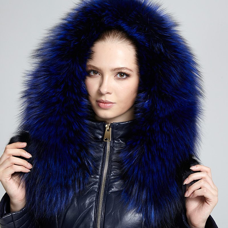 SALCO Free shipping newest popular in Europe and America long raccoon fur hooded leather jacket ladies section 201226