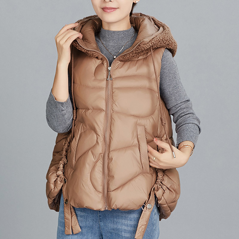 Women hooded vest jacket Autumn Winter casual padded warm Lamb wool hat solid sleeveless waistcoat jacket 201211