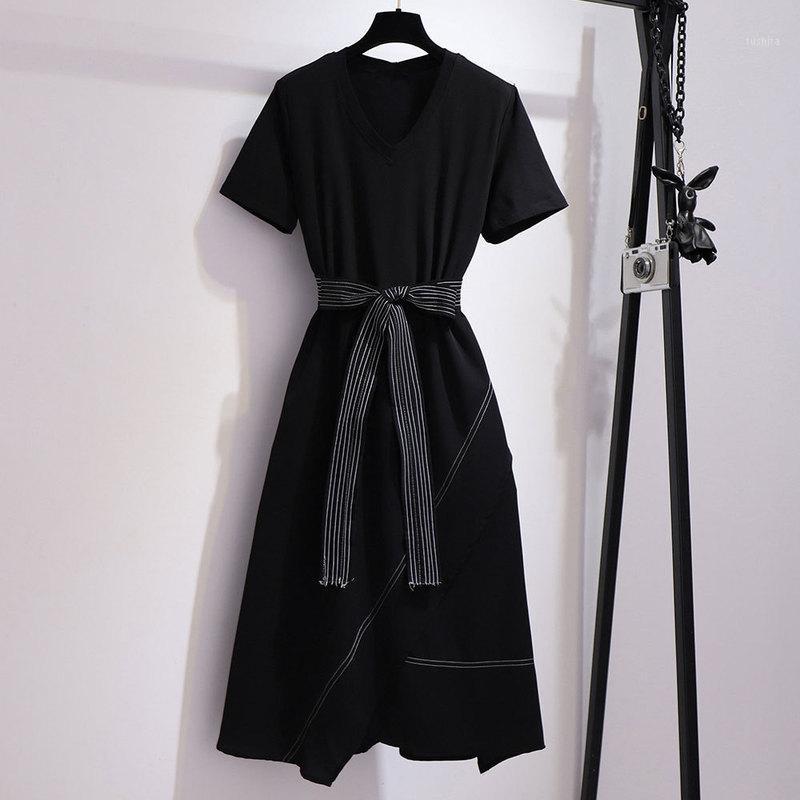 Summer 2020 new large women's dress fat mm personalized V-neck stitching irregular belt waist waist show thin dress1, Black
Summer 2020 new large women's dress fat mm personalized V-neck stitching irregular belt waist waist show thin dress1, Black