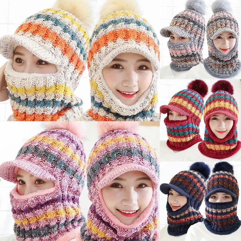 Women Winter Balaclava Beanie Hat with Visor Striped Pompom Ski Mask Neck Warmer F3MF
Women Winter Balaclava Beanie Hat with Visor Striped Pompom Ski Mask Neck Warmer F3MF