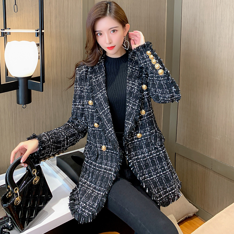 Women Black Plaid Tweed Jackets Autumn Winter Office Ladies Pockets Frayed Trims Tassels Coats Female Vintage Thick Outerwear 201019