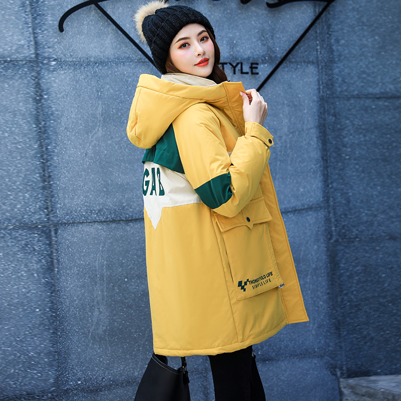 Korean Style Women's Jackets Patchwork Long Parkas Female Winter Hooded Letter Print Thick Oversized Stand Collar Outwear 201019