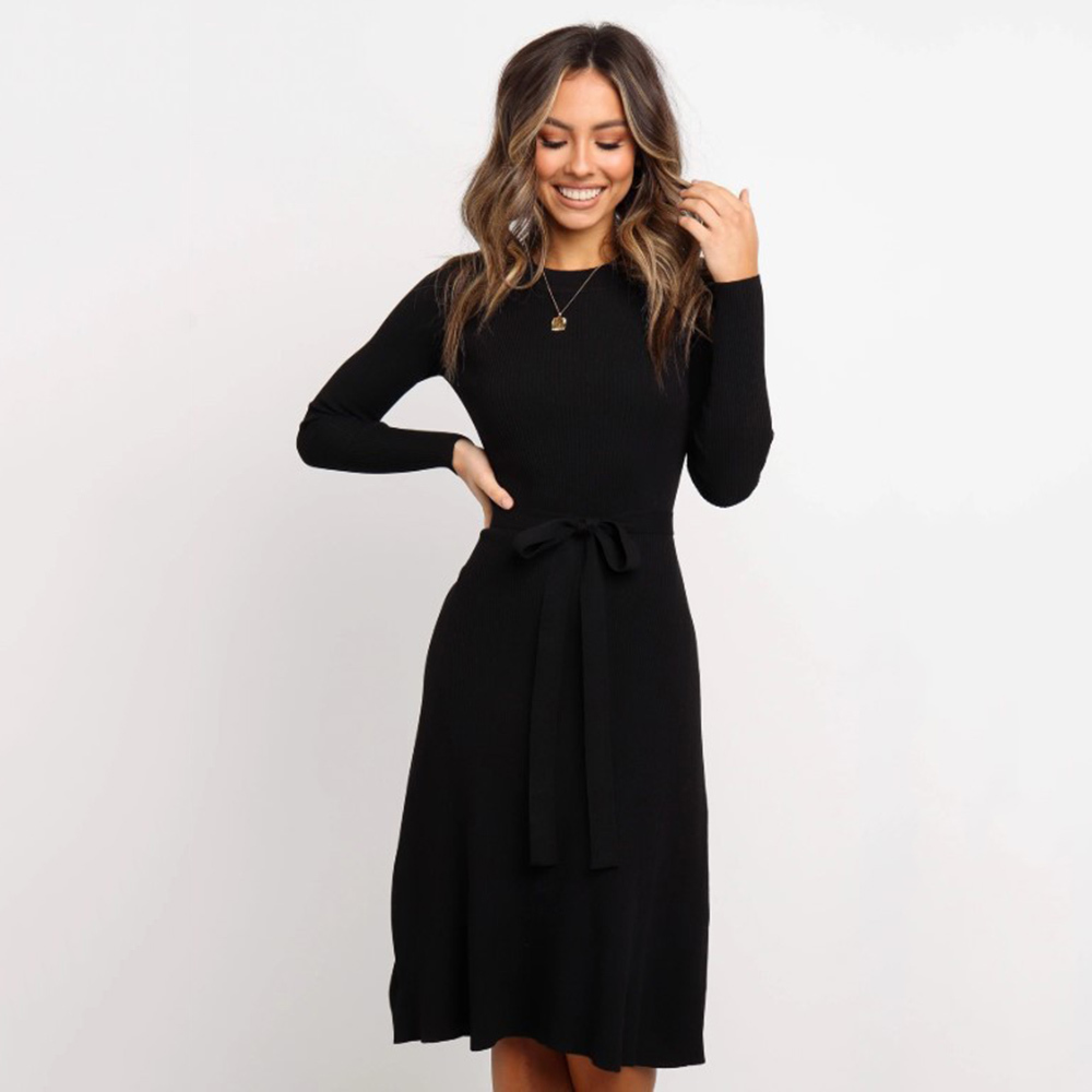 Solid Color Winter Casual Dresses Women Long Sleeve Belt Black Red Dress Autumn Lady Knee-Length Stretch Bandage Dress T200519
