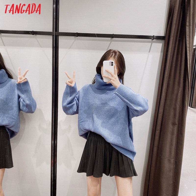 Tangada women oversize turtleneck sweaters winter long sweater coat batwing sleeve loose knitwear top 8H0 201224