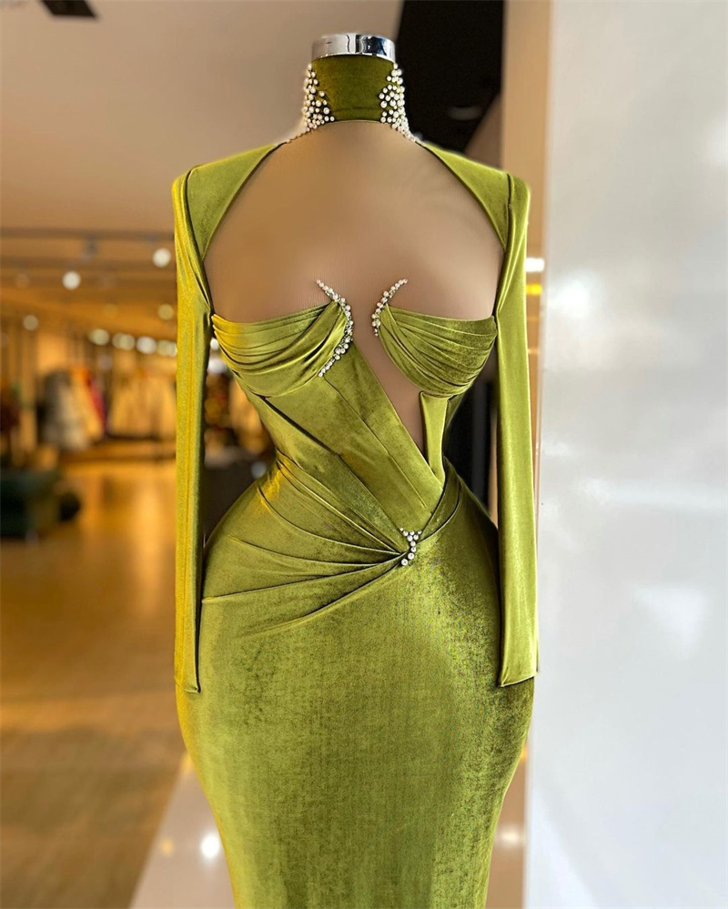 ELegant Green Mermaid Prom Dresses Beaded High Neck Evening Dress Custom Made Long Sleeves Floor Length Sheer Neck Party Gown