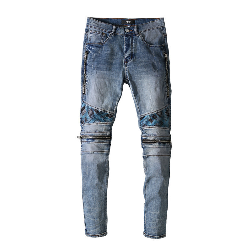 High street jeans stitched zipper hole three-dimensional cutting men's light blue slim fit small foot youth pants
High street jeans stitched zipper hole three-dimensional cutting men's light blue slim fit small foot youth pants