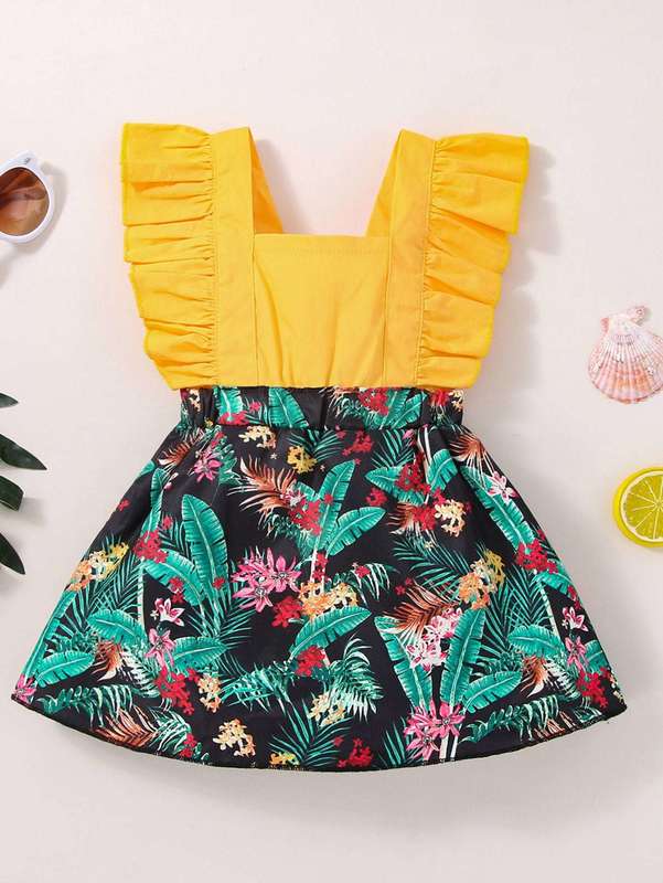 Baby Tropical Print Ruffle Trim Square Neck Dress SHE