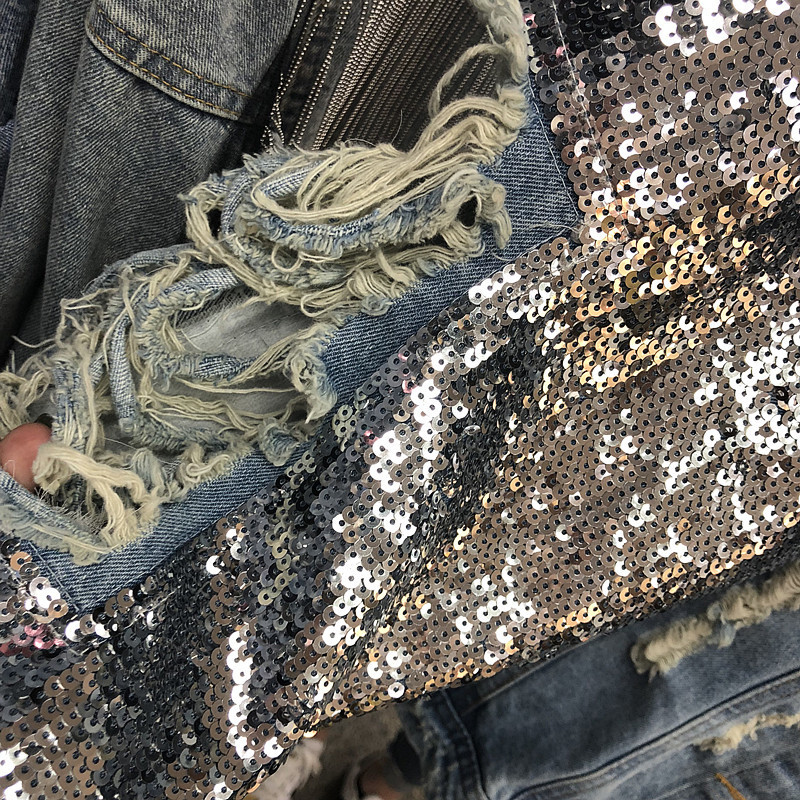 Spring Heavy Industry Sequins Denim Jacket Women Loose Jeans Coats Outwear Holes Girls Lady Cowboy Jackets Streetwear 201017