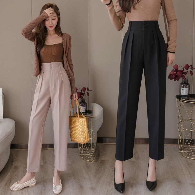 Autumn 2020 New Korean OL Style Women Formal Harem Pants Pockets High Waist Elegant Office Lady Button Ankle-Length Pants LJ201030