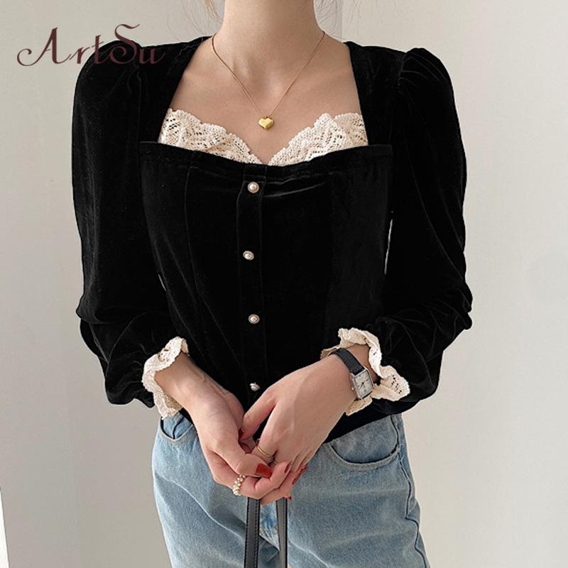 Vintage Square Neck Velvet Crop Top For Women Autumn Winter Lace Frill T Shirt Streetwear Fashion Party Club 42072, Black
Vintage Square Neck Velvet Crop Top For Women Autumn Winter Lace Frill T Shirt Streetwear Fashion Party Club 42072, Black
