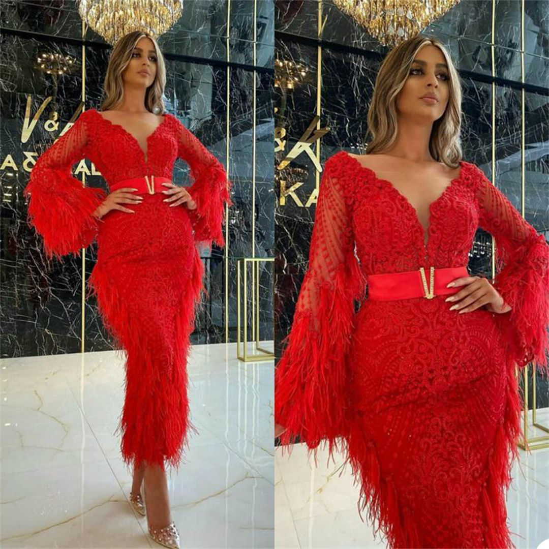 Luxury Feather Red Evening Dresses Long Sleeves Full Appliqued Mermaid Prom Dress Sexy V Neck Sweep Train Custom Made Robe De Soirée