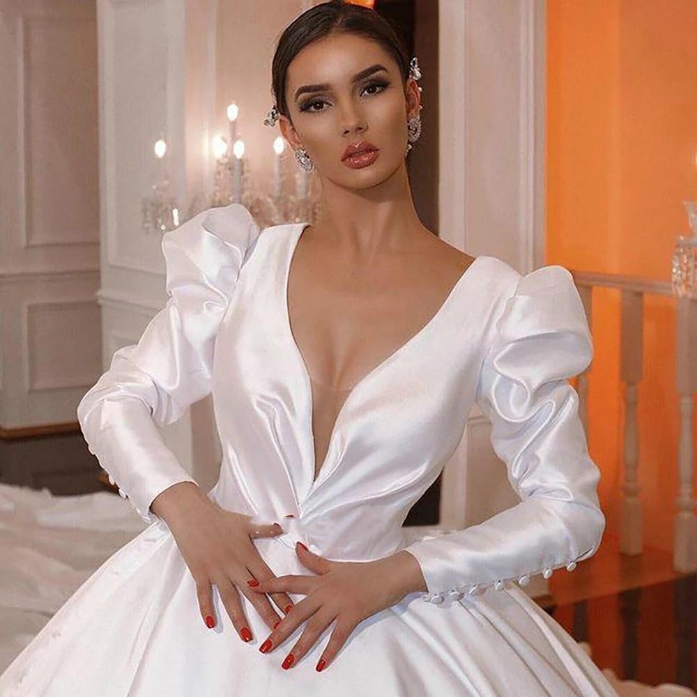 Year New S Vintage Long Sleeve Princess Dubai Ball Wedding Dresses Chapel Train V Neck Open Back Satin Saudi Arabic Bridal Gown leeve atin audi