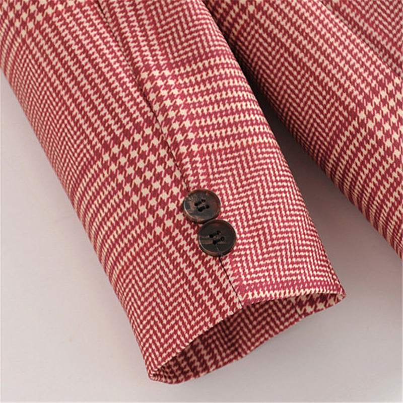 Women elegant houndstooth plaid Suit blazer Notched Collar long sleeve pockets red coat female office wear fashion tops 201102
