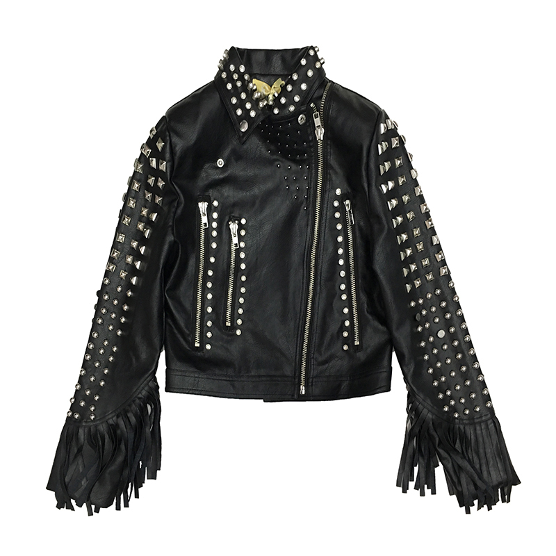 Rivet beading soft pu leather coats Women tassel stitching pu Leather Jacket Punk Rock Cropped Jackets faux leather coat F2190 201020