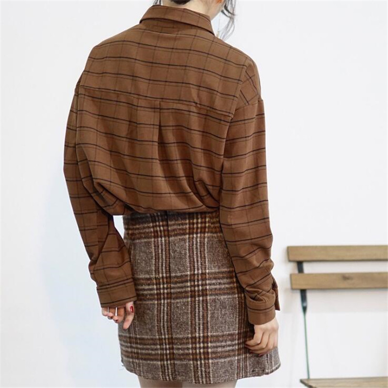 Loose Cotton Checkered Plaid College Blouses Shirt Cage Female Long Sleeve Casual Women Blouse Shirt Office Lady Tops T200319