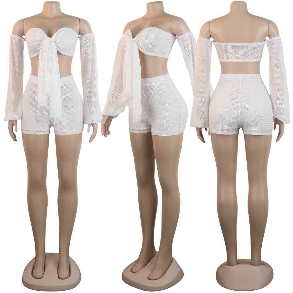 BKLD Neon Green Sexy Two Piece Sets Bodycon Club Outfits 2019 Summer 2 Piece Set Off Shoulder Mesh Crop Top Shorts Matching Sets T200623