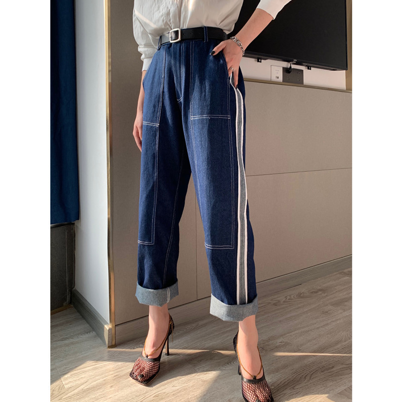 [DEAT] New Fashion Trousers High Waisted Women's Jeans Denim Vintage Wide Leg Loose Wild Straight Striped Classic AP800 201105
