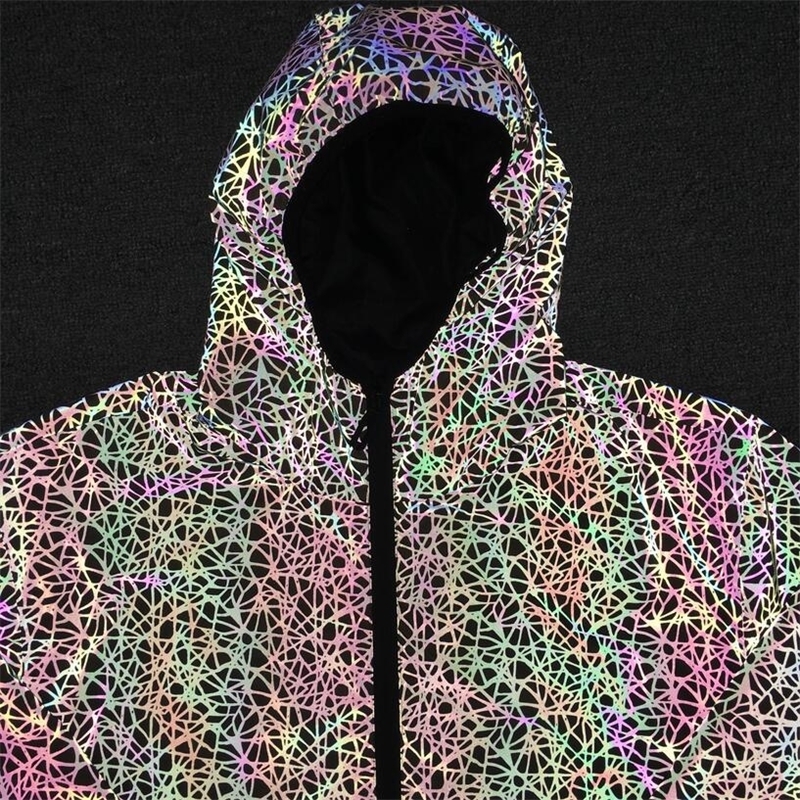 Hip Hop Line Reflective Hooded Jacket Men Spider Web Night Sporting Fluorescent Jackets Coats Mens Harajuku Streetwear 201127