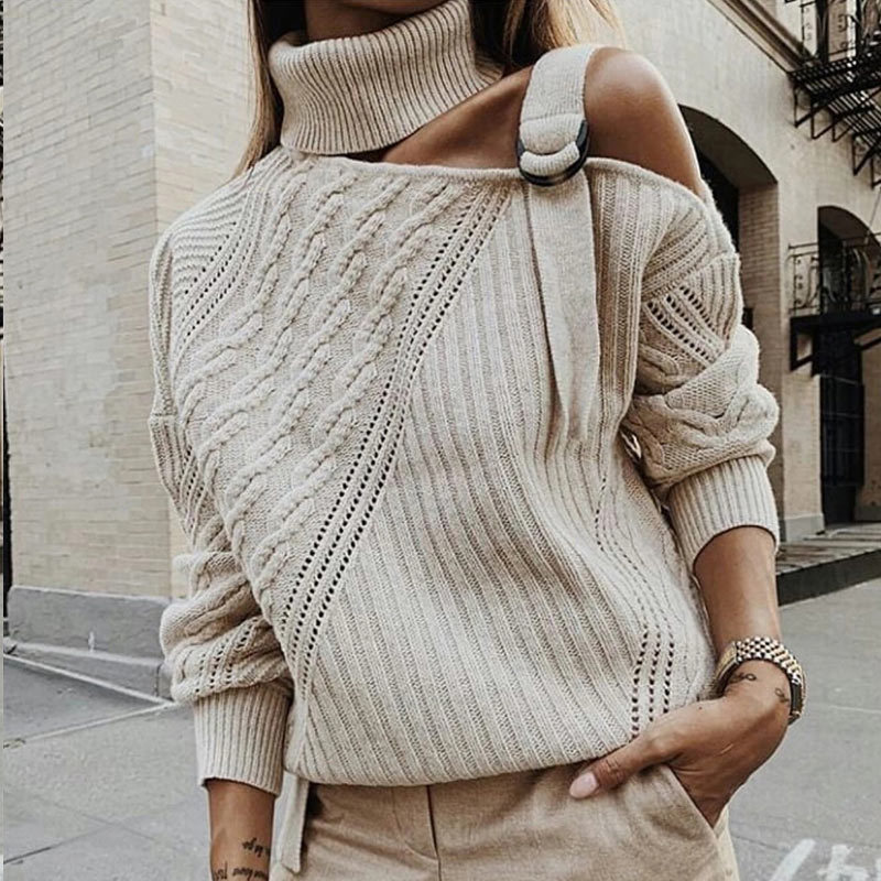 Women's Off Shoulder Turtleneck Sweater Pullovers Hollow Out Knitted Twisted Sweaters Woman 2020 Autumn Winter Pullover Ladies T200101