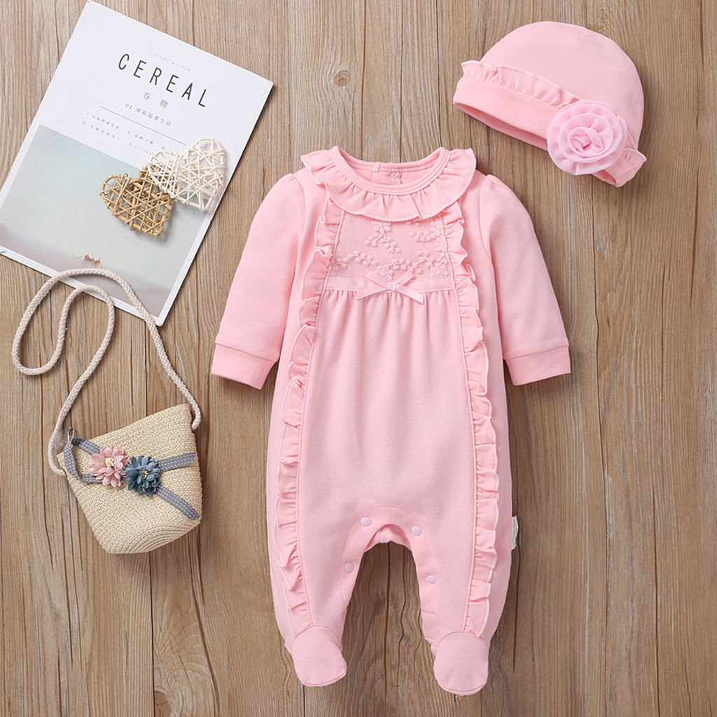 Winter Newborn baby girl clothes 0 3 months Newborn Infant Baby Girls Solid Ruffles Floral Romper Jumpsuit+Hat Outfits Sets 201027