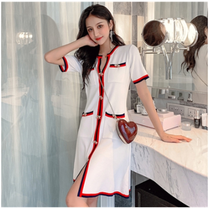 Contrast Colour Striped Knitted Women Dress Autumn Winter Runway Bees Button V-Neck Long Sleeve Pocket Vintage Dress 201110