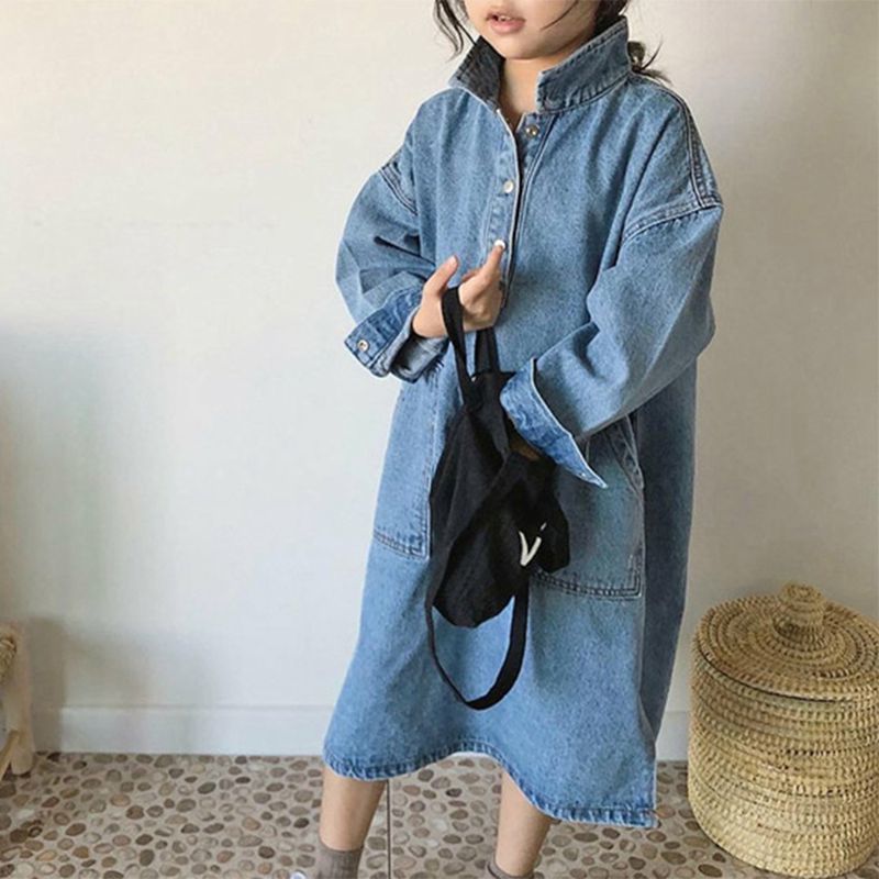 2020 Childrens Autumn Clothes New Girls Fashion Lapel Loose Denim Maxi Dress Solid Color Long Sleeve Casual Dresses 1-6 Years J1205, Blue
2020 Childrens Autumn Clothes New Girls Fashion Lapel Loose Denim Maxi Dress Solid Color Long Sleeve Casual Dresses 1-6 Years J1205, Blue