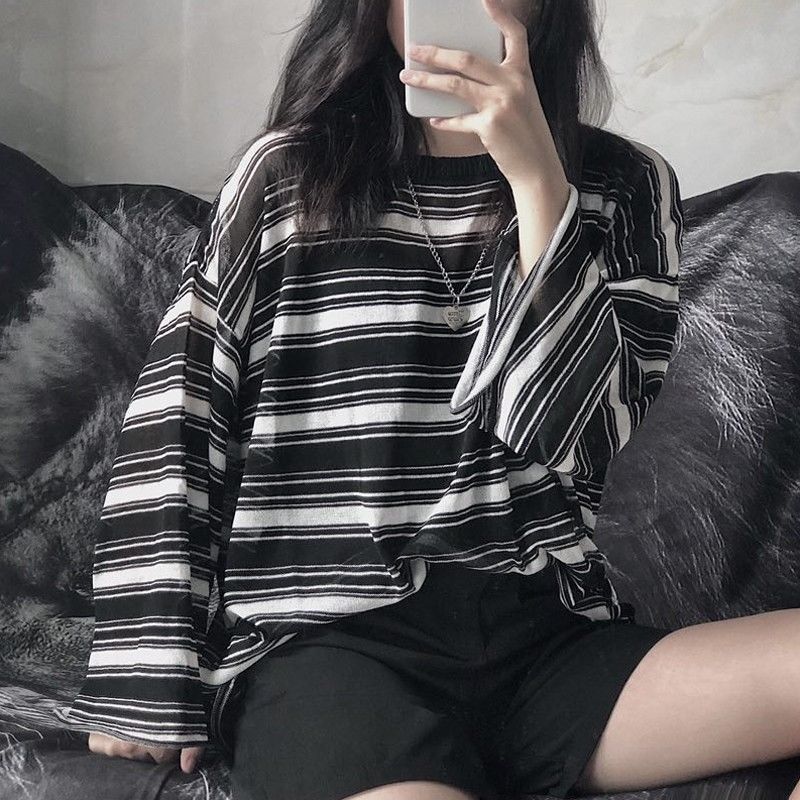 Summer and autumn striped t-shirt thin mesh superior harajuku girl hong taste loose solar protector long sleeve, Black
Summer and autumn striped t-shirt thin mesh superior harajuku girl hong taste loose solar protector long sleeve, Black